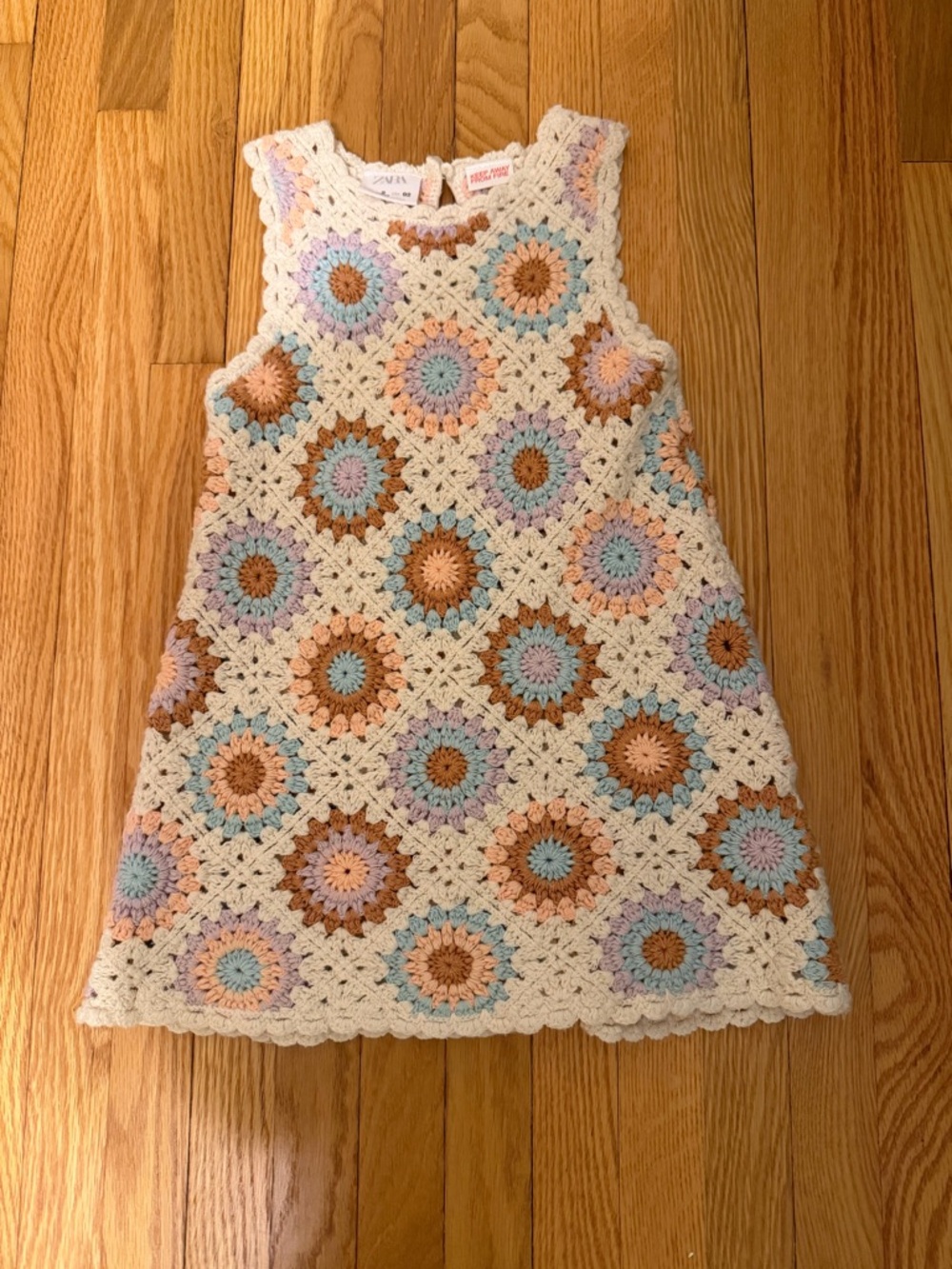 Zara Crochet Sunburst Dress in Cream, Blue, Pink & Tan
